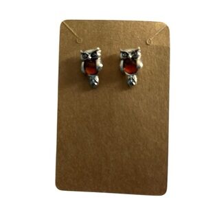 Natural Baltic Amber & Sterling Silver Owl Stud Earrings